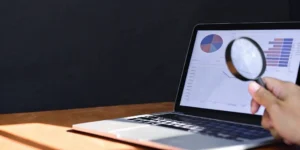 Inspecting a pharmacovigilance system master file on a laptop with a magnifying glass.