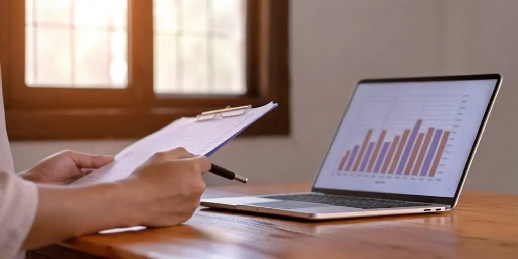 Analyst evaluating a supplier qualification program with performance data on a laptop.