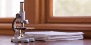 A microscope and a stack of documents for a medical device 510(k) submission.