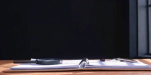 Reviewing a quality management system audit checklist with a magnifying glass.