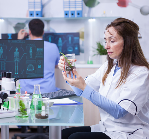 A scientist examining a plant specimen inside a beaker.