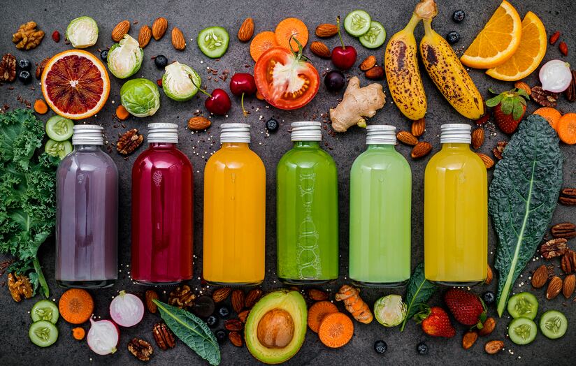 Colorful juice bottles surrounded by fresh fruits, vegetables, and nuts.