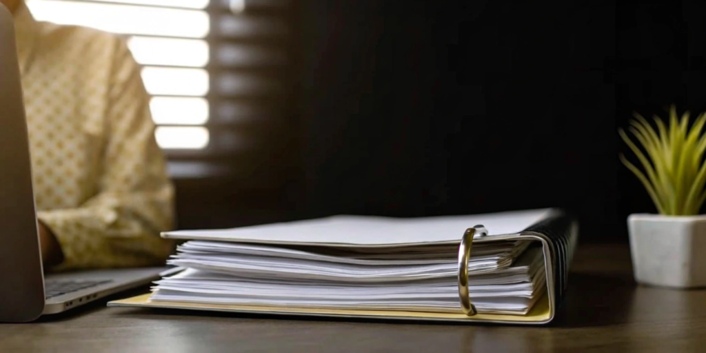 Regulatory compliance services documents organized in a binder on a desk.