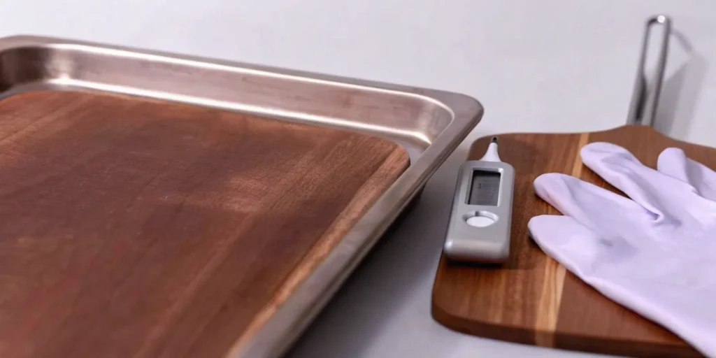 Digital thermometer and gloves on wooden board
