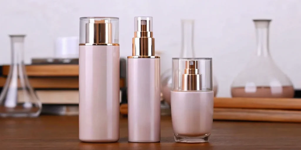Pink and gold cosmetic bottles on tabletop