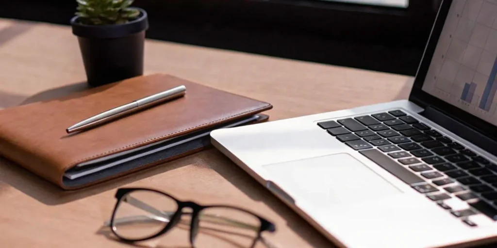 Laptop with glasses and notebook on wooden desk