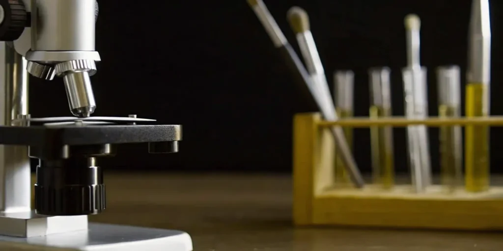 Microscope and test tubes with yellow liquid