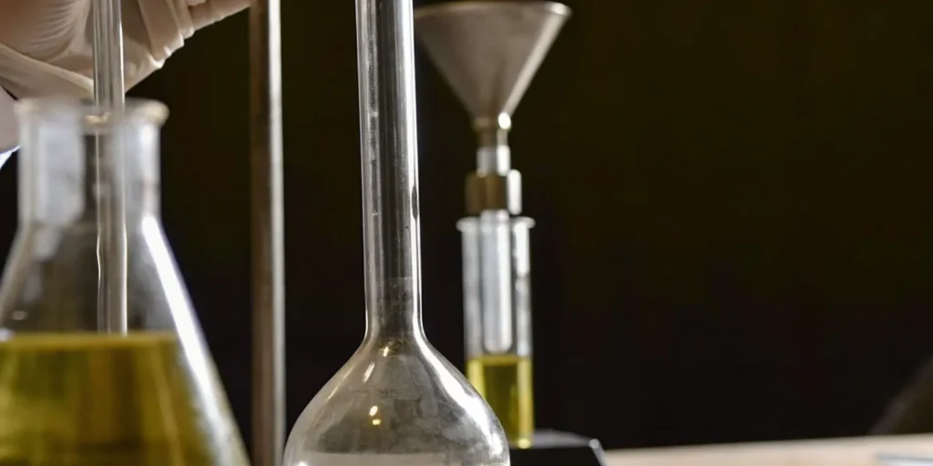 Gloved hand handling yellow liquid in lab glassware