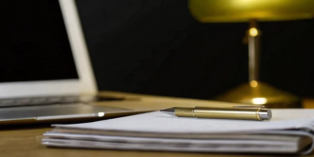 Pen on documents beside laptop and lamp