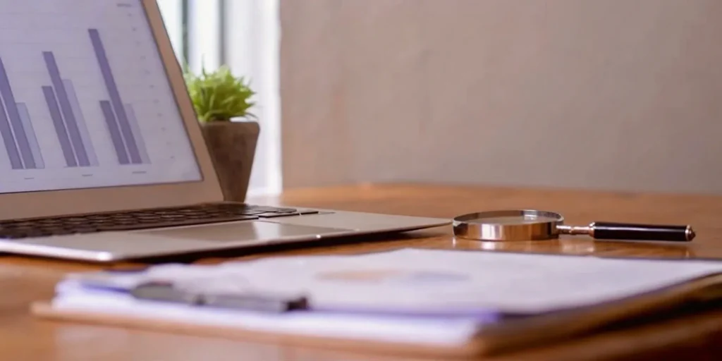 Laptop with charts, documents, pen, magnifying glass