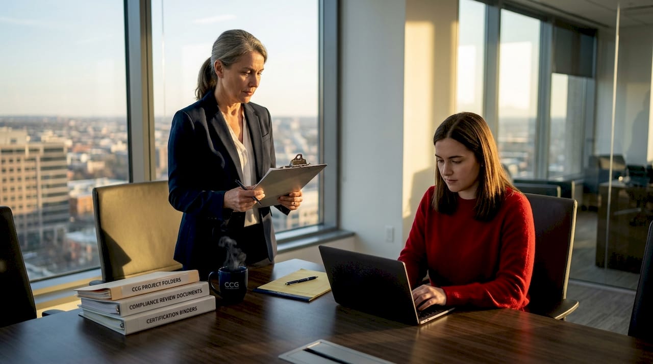 Quality manager reviews audit checklist at office table
