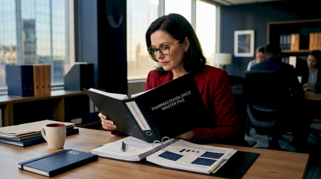 Compliance officer reviews pharmacovigilance binder