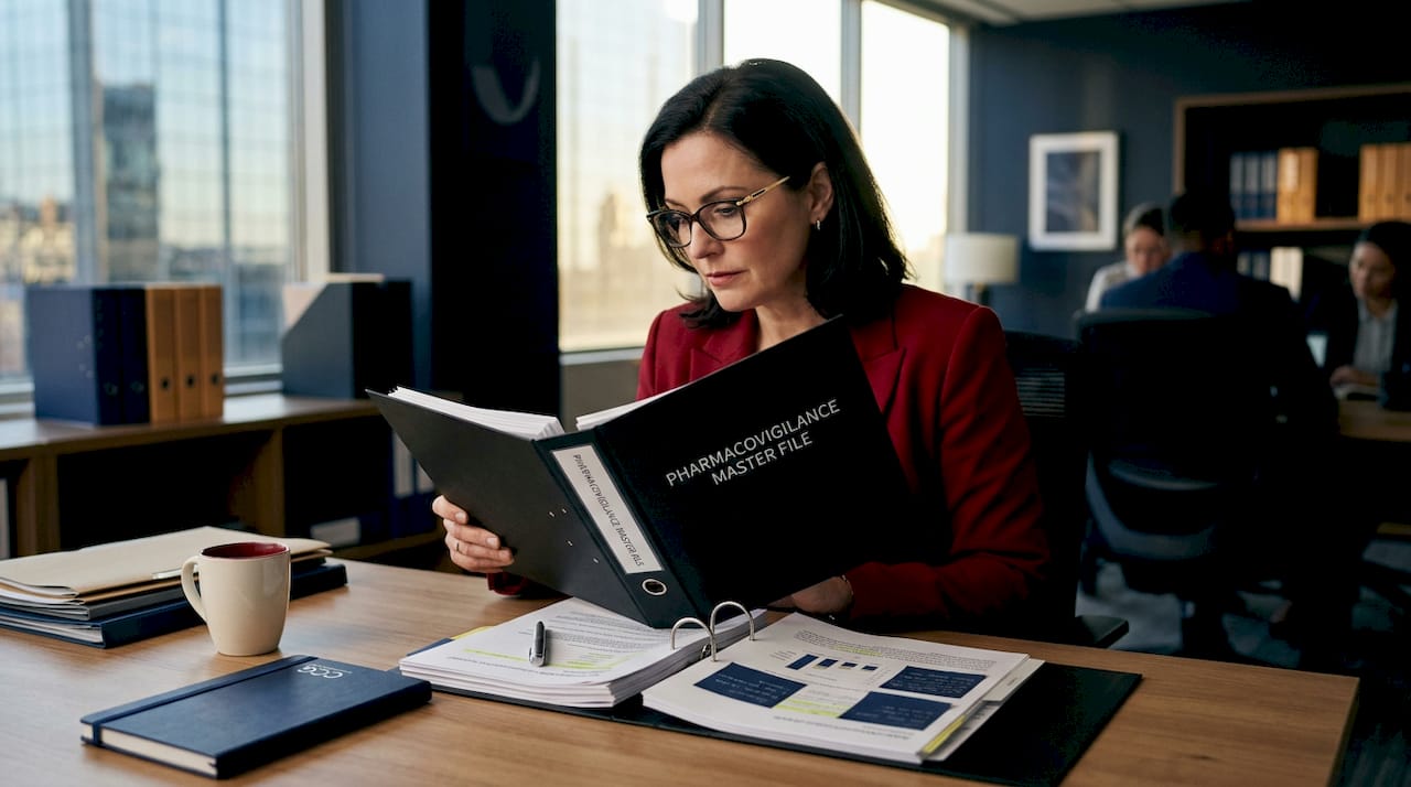 Compliance officer reviews pharmacovigilance binder