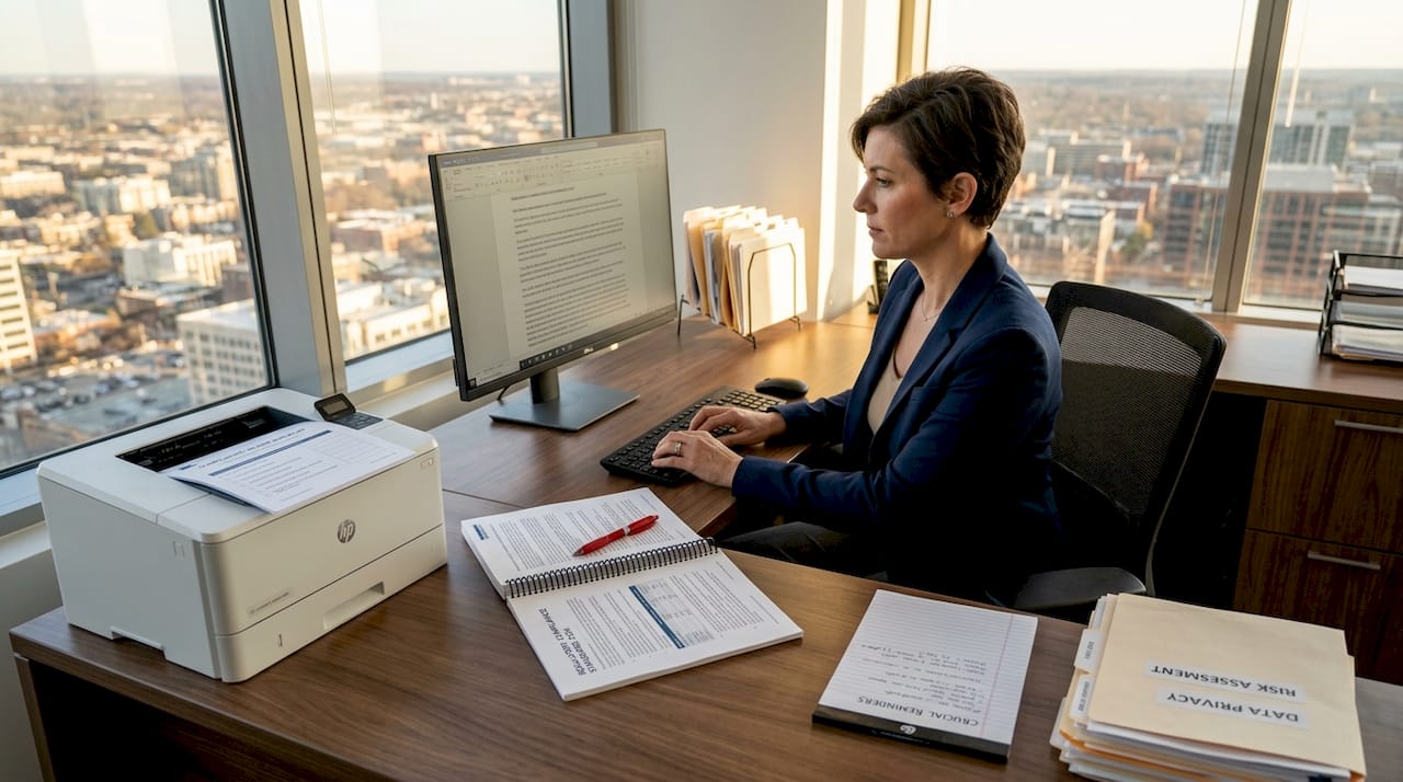 Compliance specialist reviewing regulatory framework