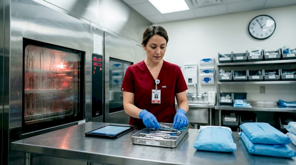 Technician inspecting medical instruments in hospital reprocessing area