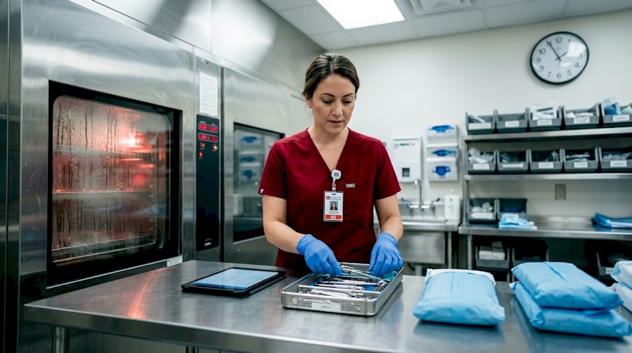 Technician inspecting medical instruments in hospital reprocessing area