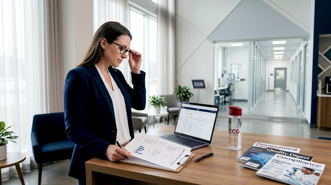 QA manager reviews GMP compliance records in meeting room