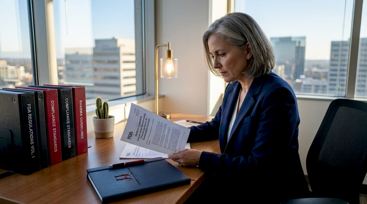 Compliance manager reviewing pharma regulatory documents