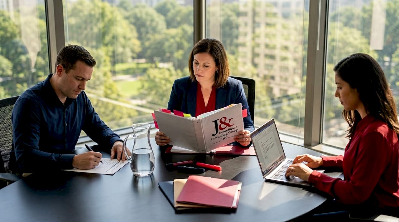 Compliance team preparing audit paperwork