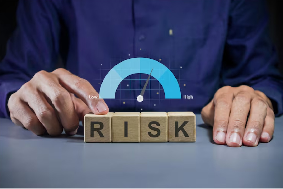 Hands with RISK blocks and high-risk gauge