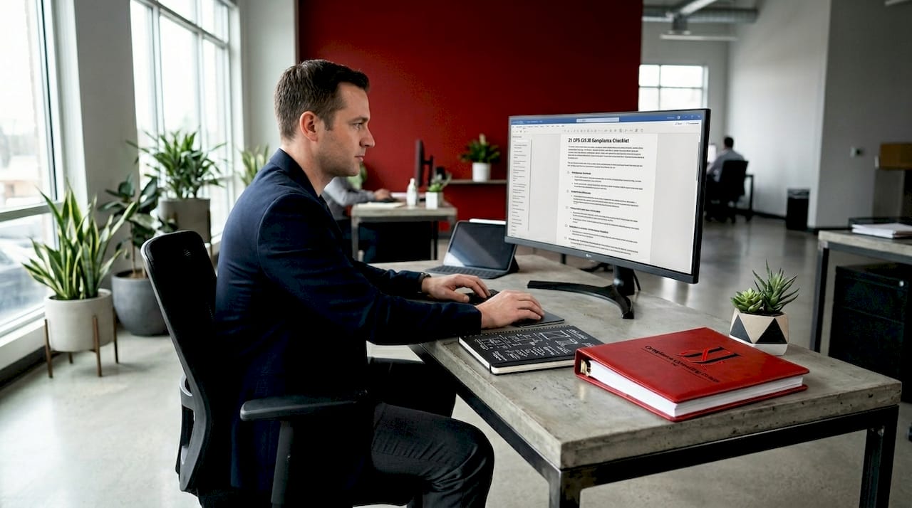 Engineer reviewing medical device compliance documents