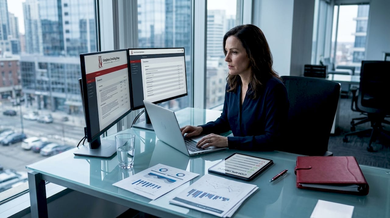 Compliance manager reviewing documents in office