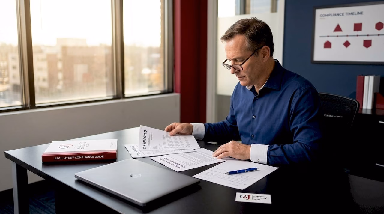 Regulatory specialist reviewing FDA drug documents in home office