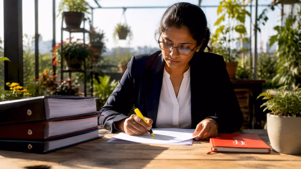 Woman reviewing pharmaceutical regulatory documents