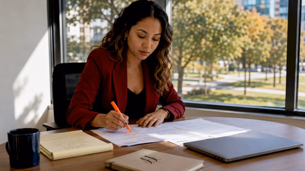 Compliance officer reviewing FDA documents at desk