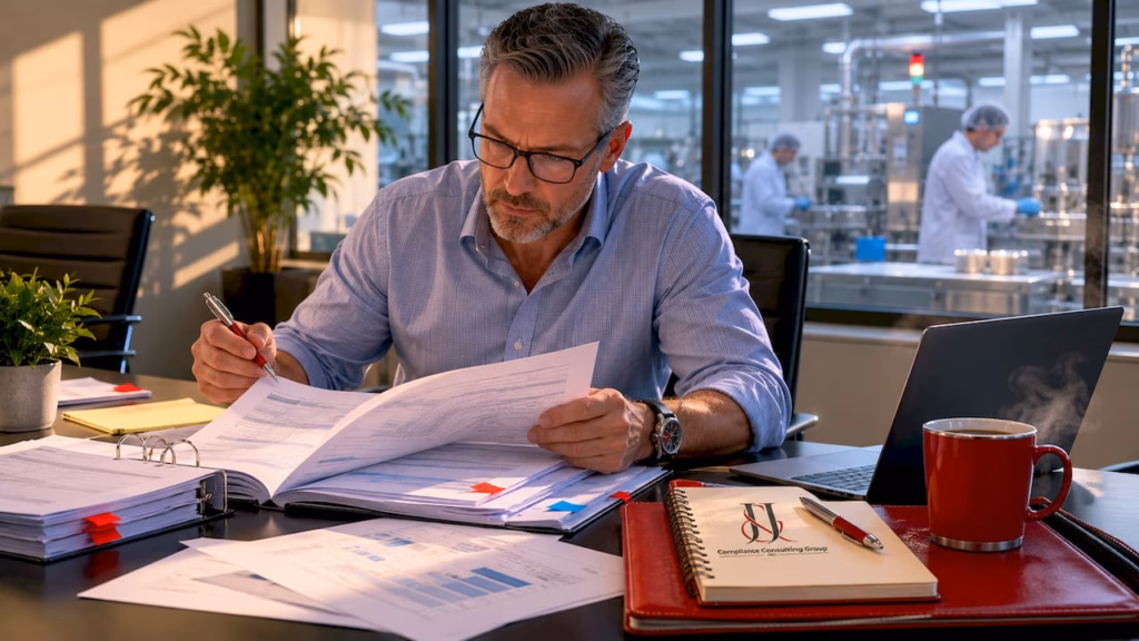 Compliance officer reviewing CGMP documents at desk