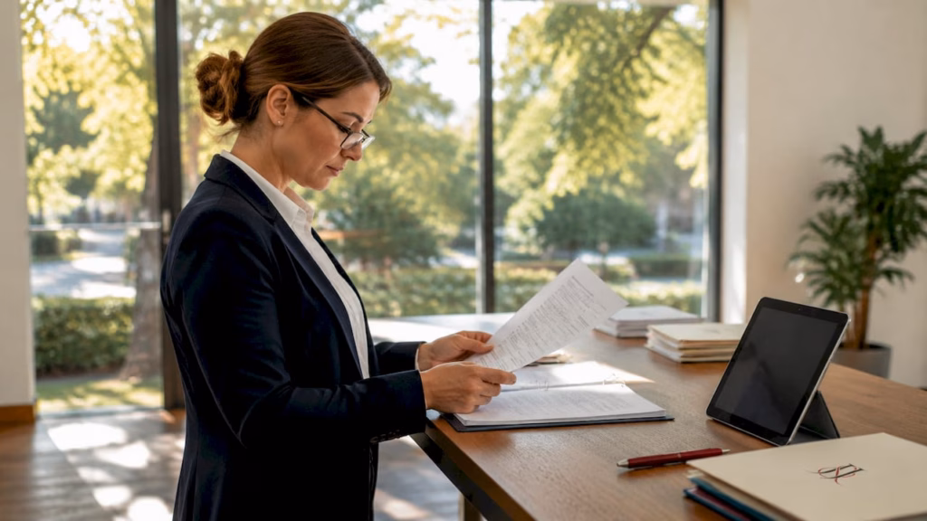 Specialist reviewing pharmaceutical packaging compliance documents