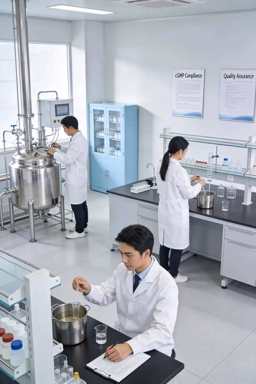 Pharmaceutical professionals ensuring compliance in a cGMP manufacturing environment