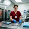 Technician inspecting medical instruments in hospital reprocessing area