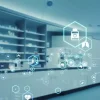 Futuristic drug icons on top of a clean pharmacy setting.